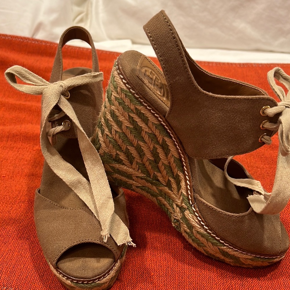 Tory Burch Brown Canvas Espadrille Wedge Sandals